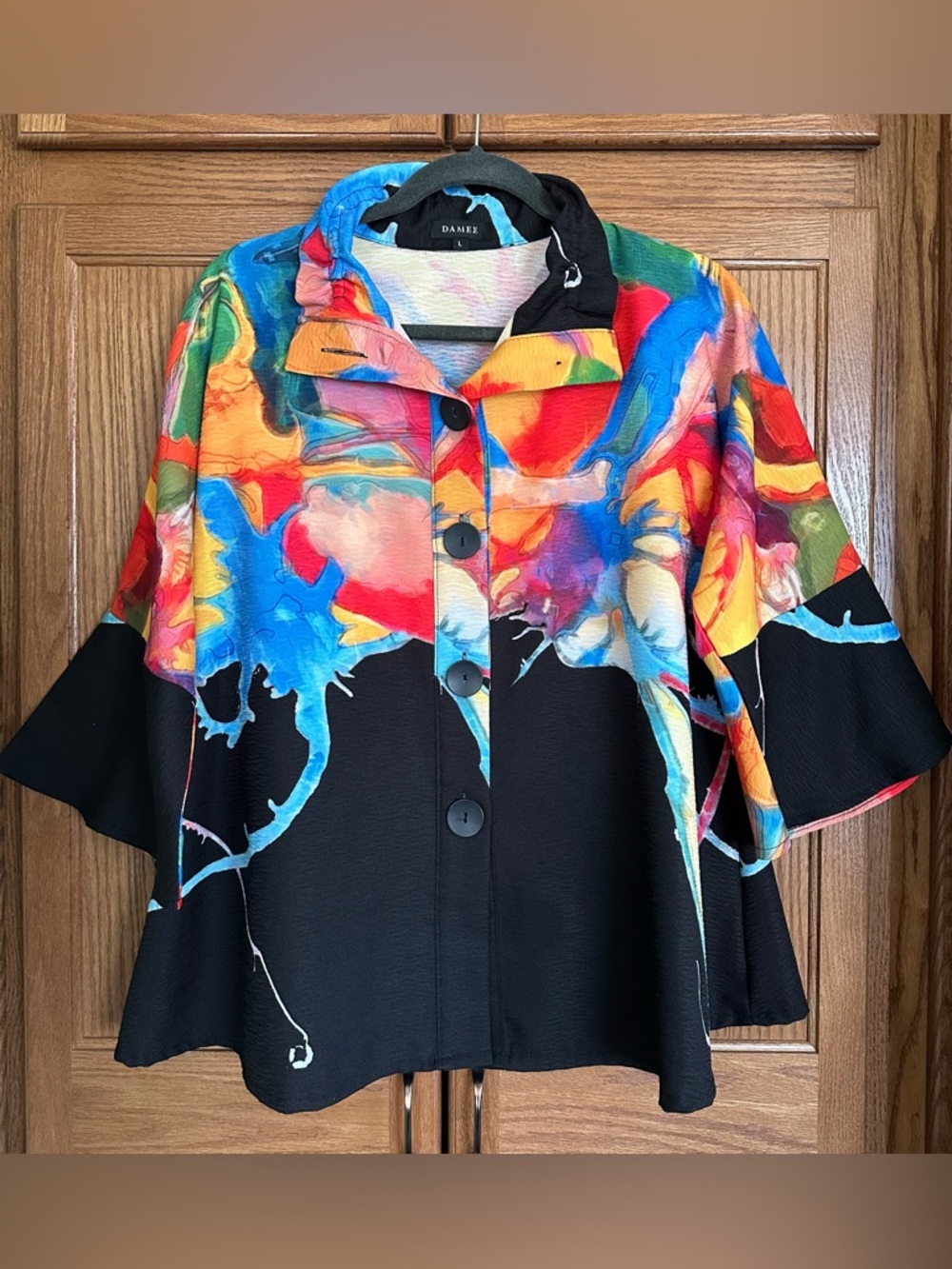 Damee Womens Watercolor Abstract Button-Front Jacket Art to Wear